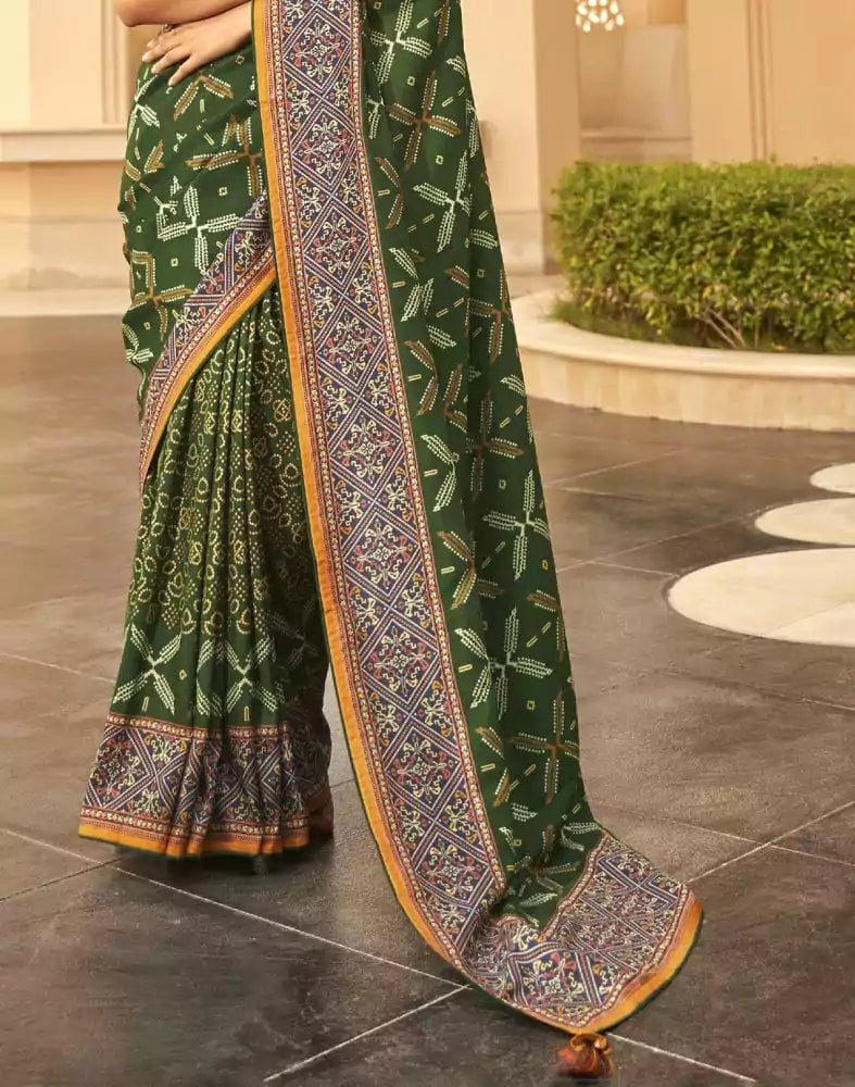 Image of Dark Green Floral Print Dola Silk Saree