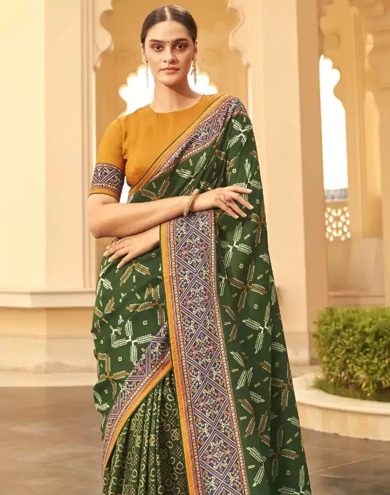 Image of Dark Green Floral Print Dola Silk Saree