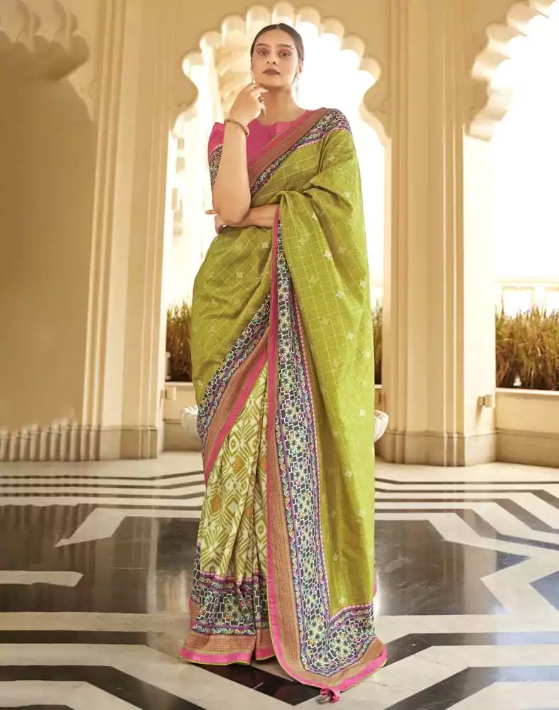 Image of Light Green Checks Dola Silk Fabric Saree