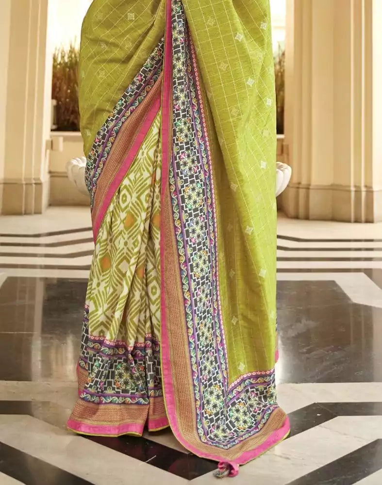 Image of Light Green Checks Dola Silk Fabric Saree