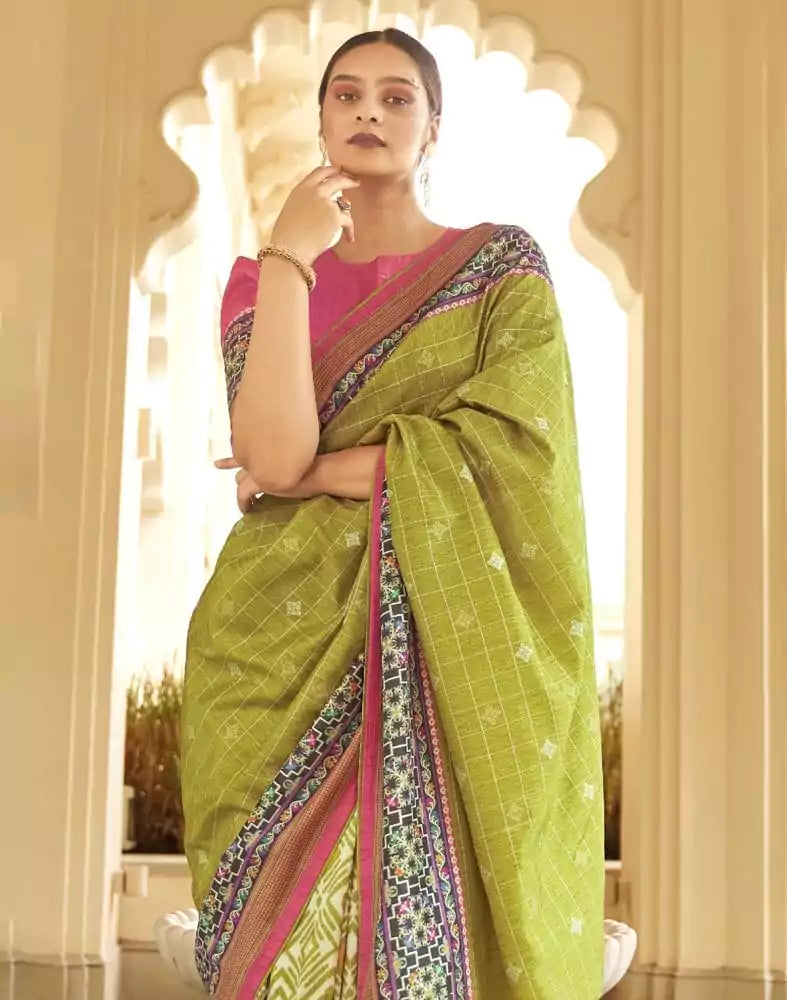 Image of Light Green Checks Dola Silk Fabric Saree