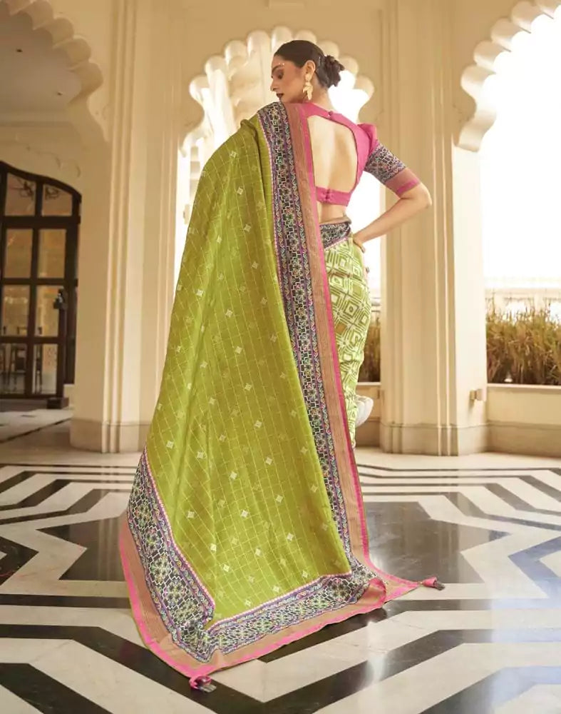 Image of Light Green Checks Dola Silk Fabric Saree