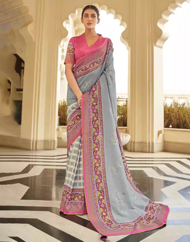 Image of Light Grey Floral Print Dola Silk Saree