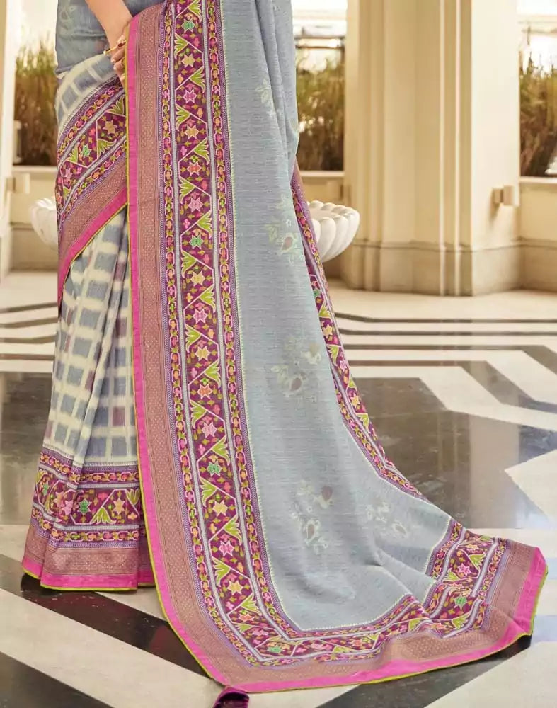 Image of Light Grey Floral Print Dola Silk Saree