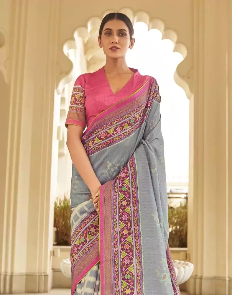 Image of Light Grey Floral Print Dola Silk Saree