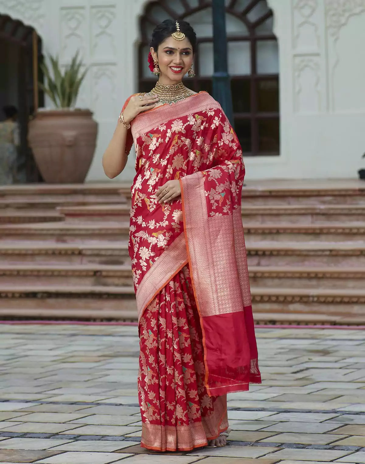Image of Red all over full Jaal work Handloom Silk Banarasi Saree