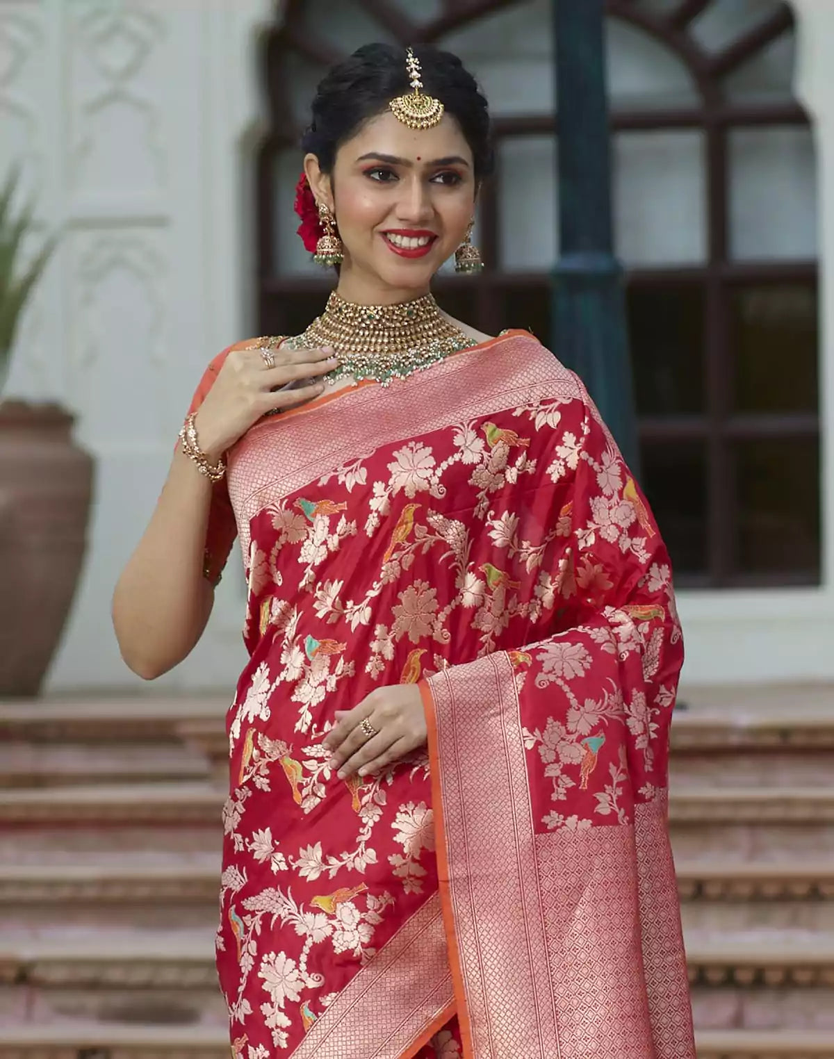 Image of Red all over full Jaal work Handloom Silk Banarasi Saree