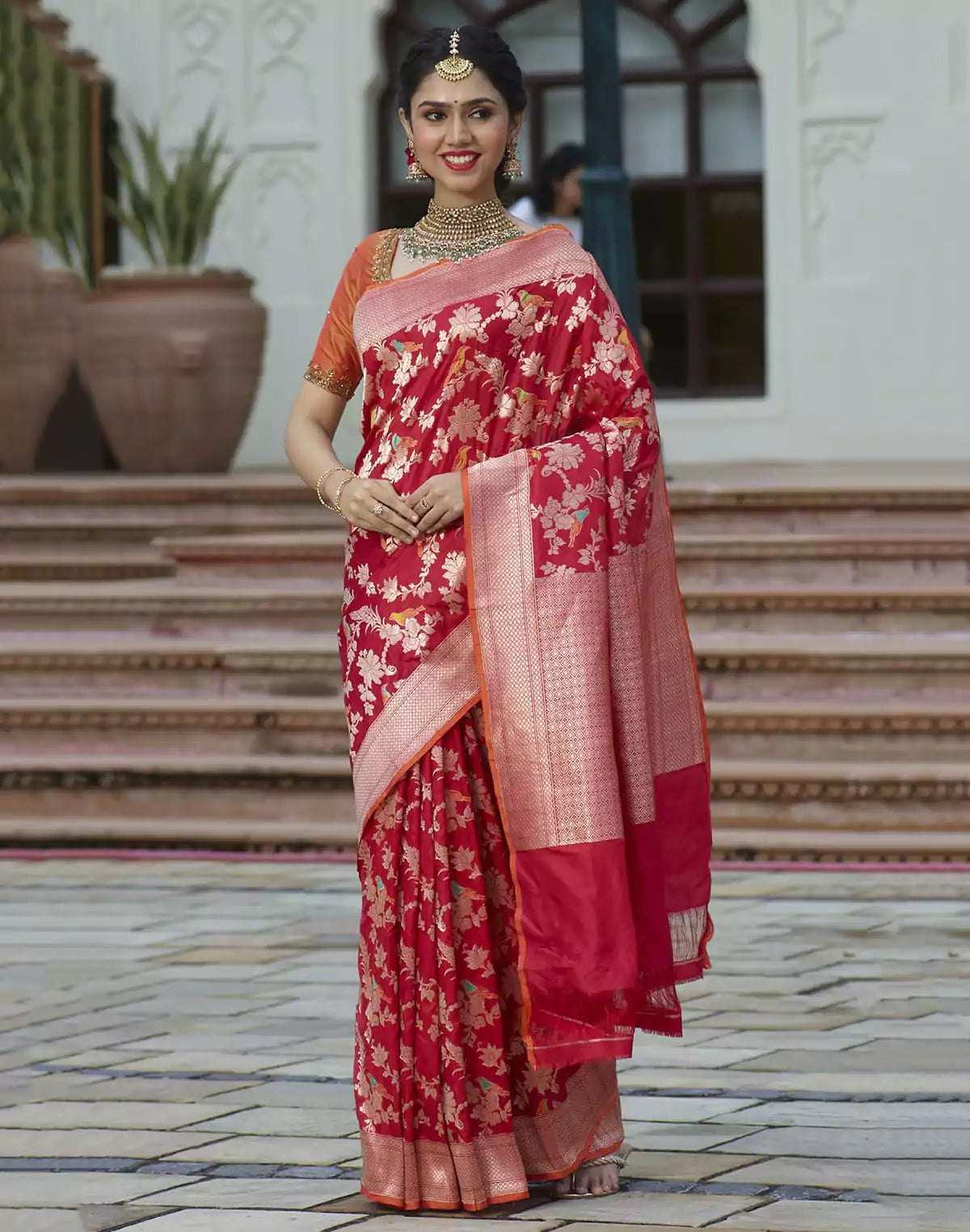 Image of Red all over full Jaal work Handloom Silk Banarasi Saree