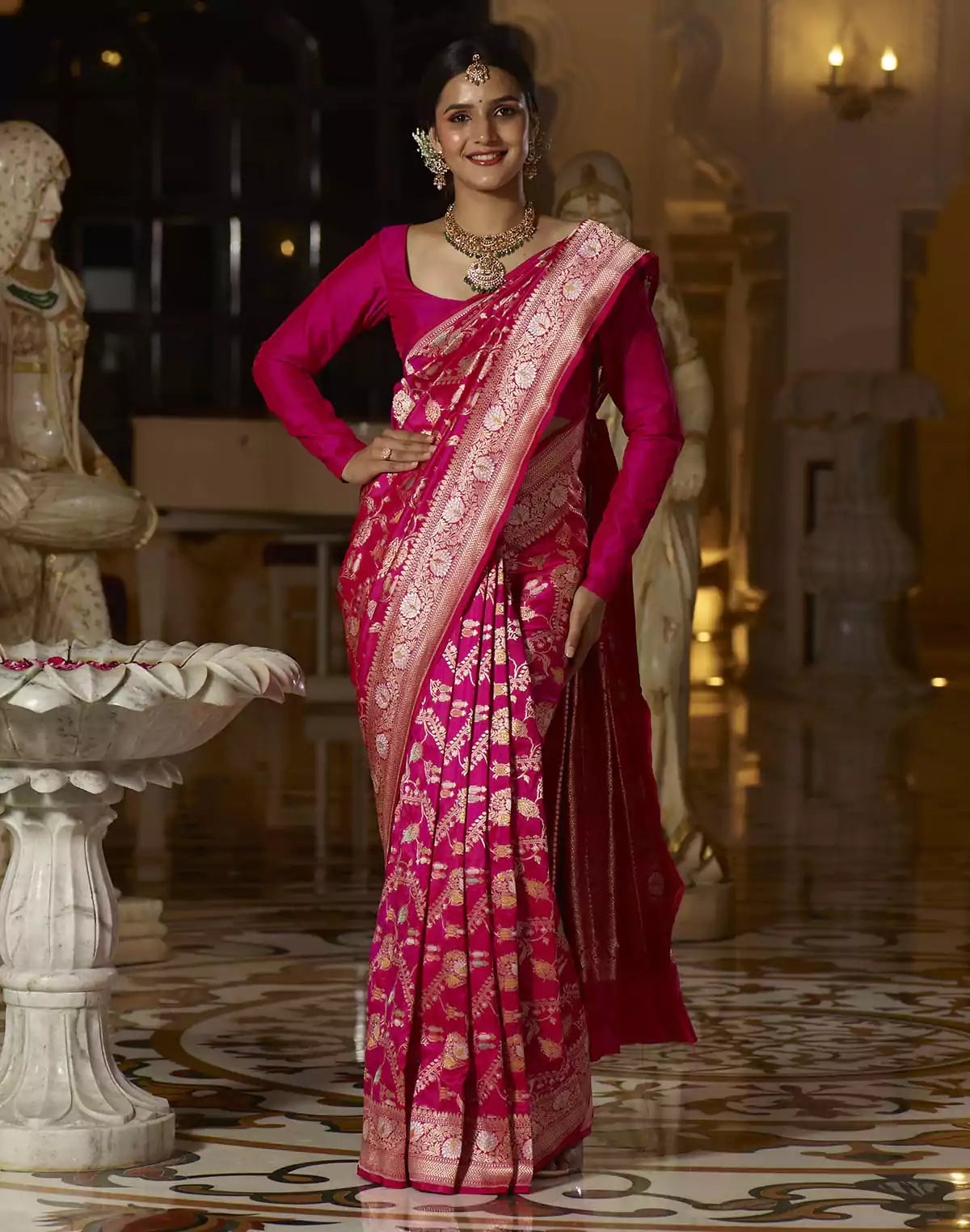 Image of Magenta Floral heavy Jaal work Handloom Silk Banarasi Saree
