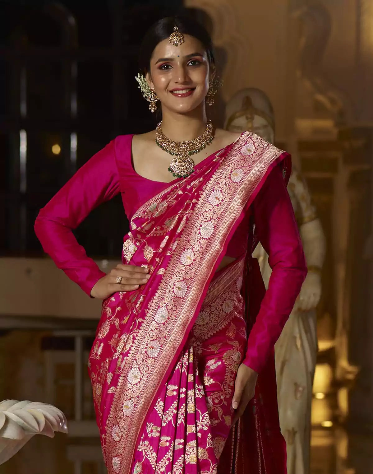 Image of Magenta Floral heavy Jaal work Handloom Silk Banarasi Saree