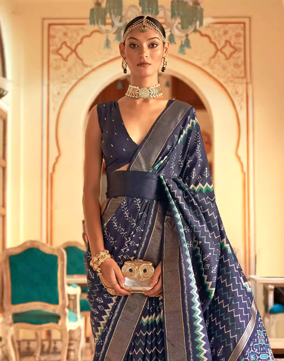 Image of Navy Blue Ikat Print Patola Designer Saree