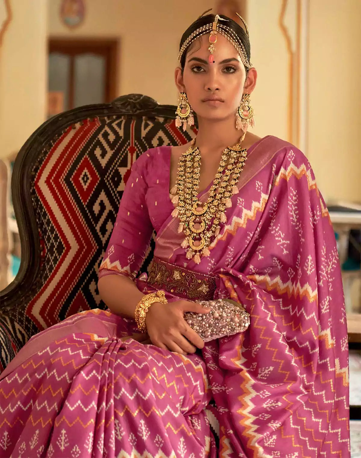 Image of Light Pink Ikat Pattern Patola Silk Saree