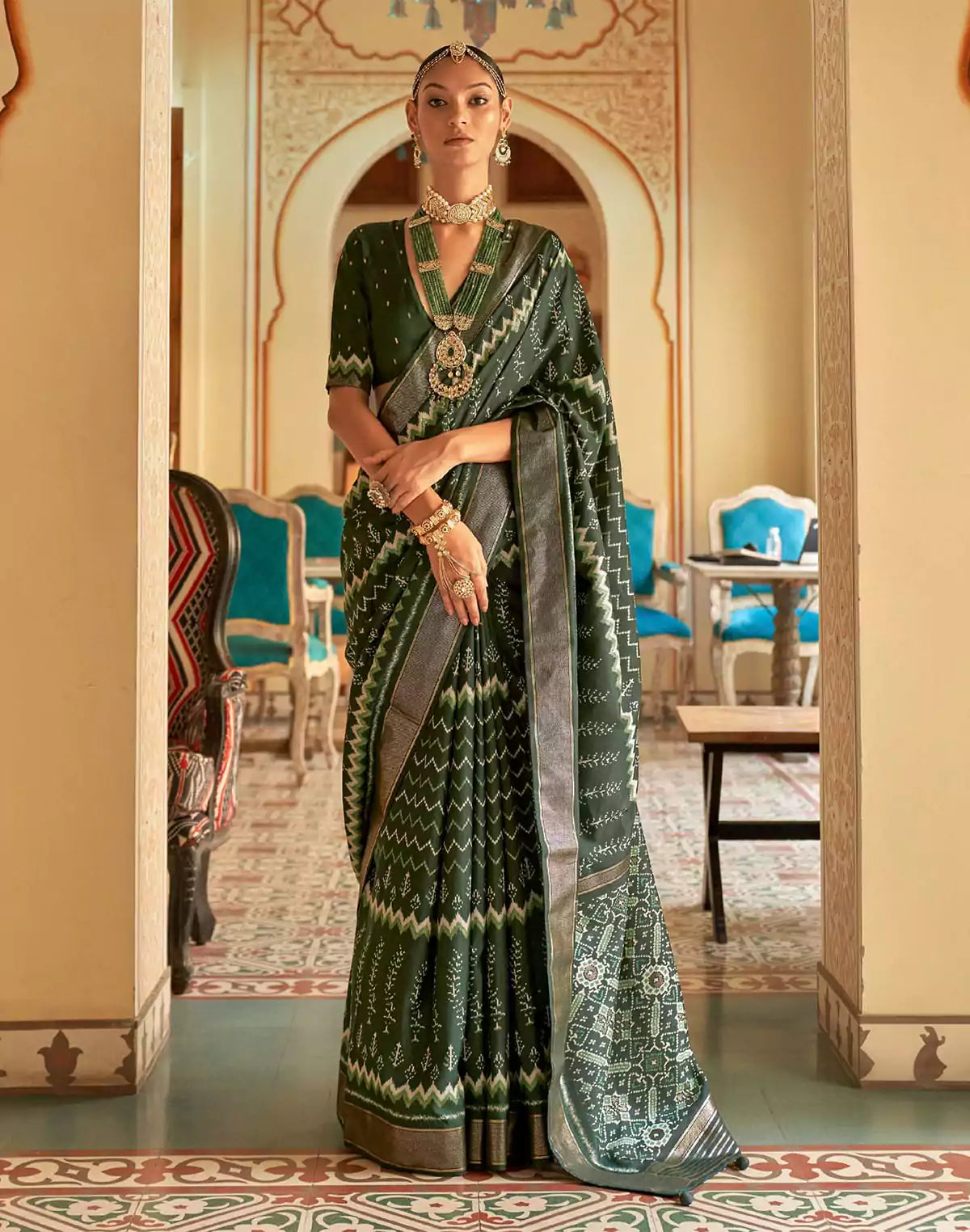 Image of Royal Dark Green Patola Silk Ikat Saree