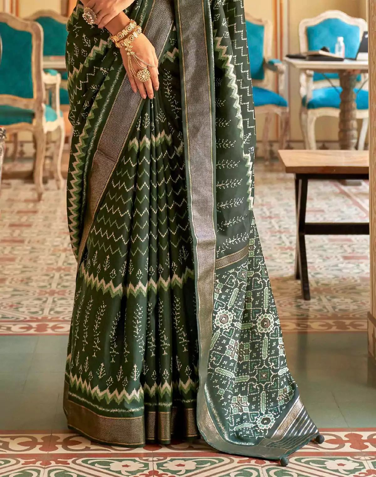 Image of Royal Dark Green Patola Silk Ikat Saree