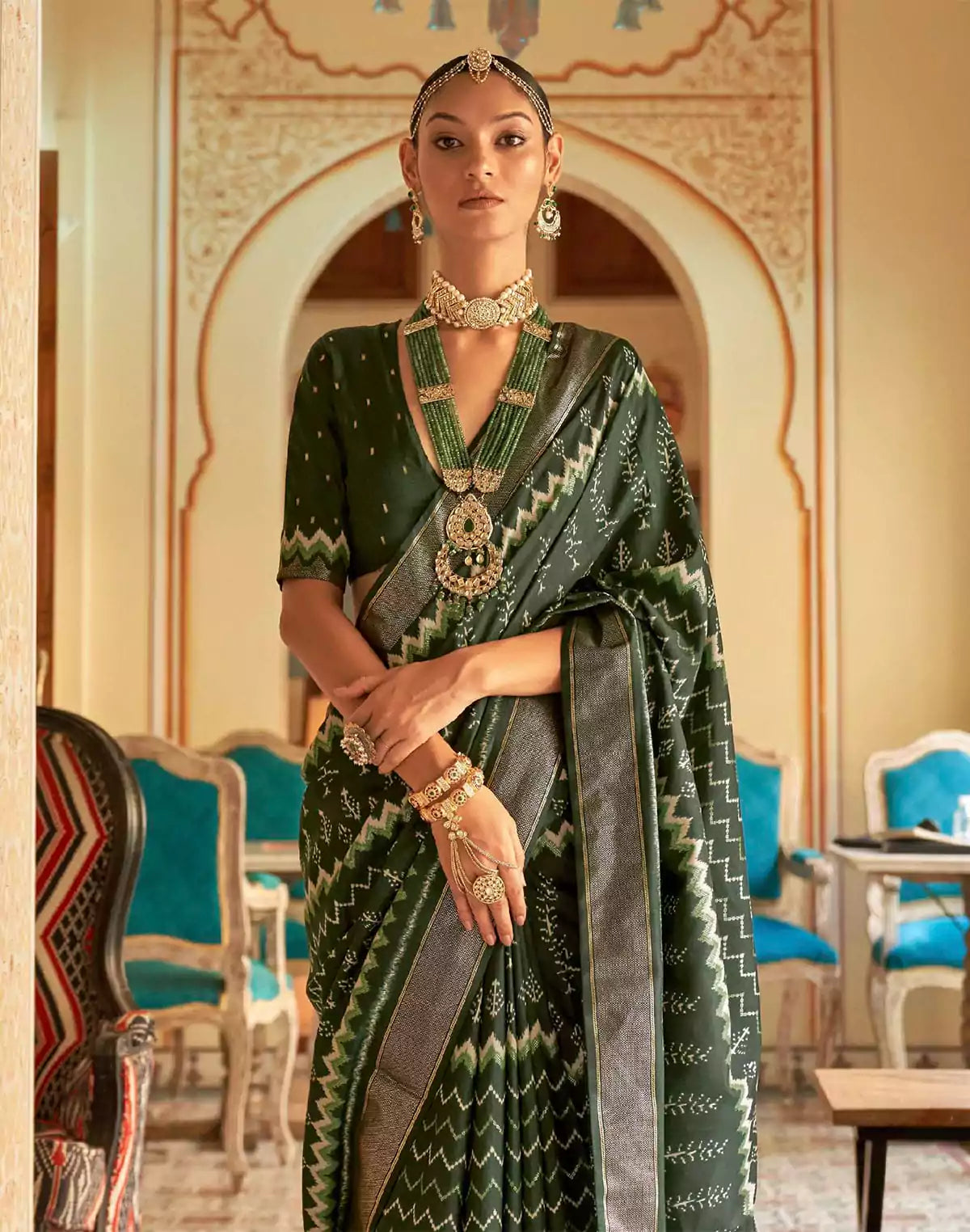 Image of Royal Dark Green Patola Silk Ikat Saree