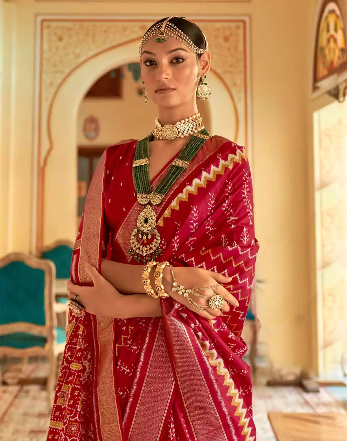 Image of Red smooth Patola Silk Saree