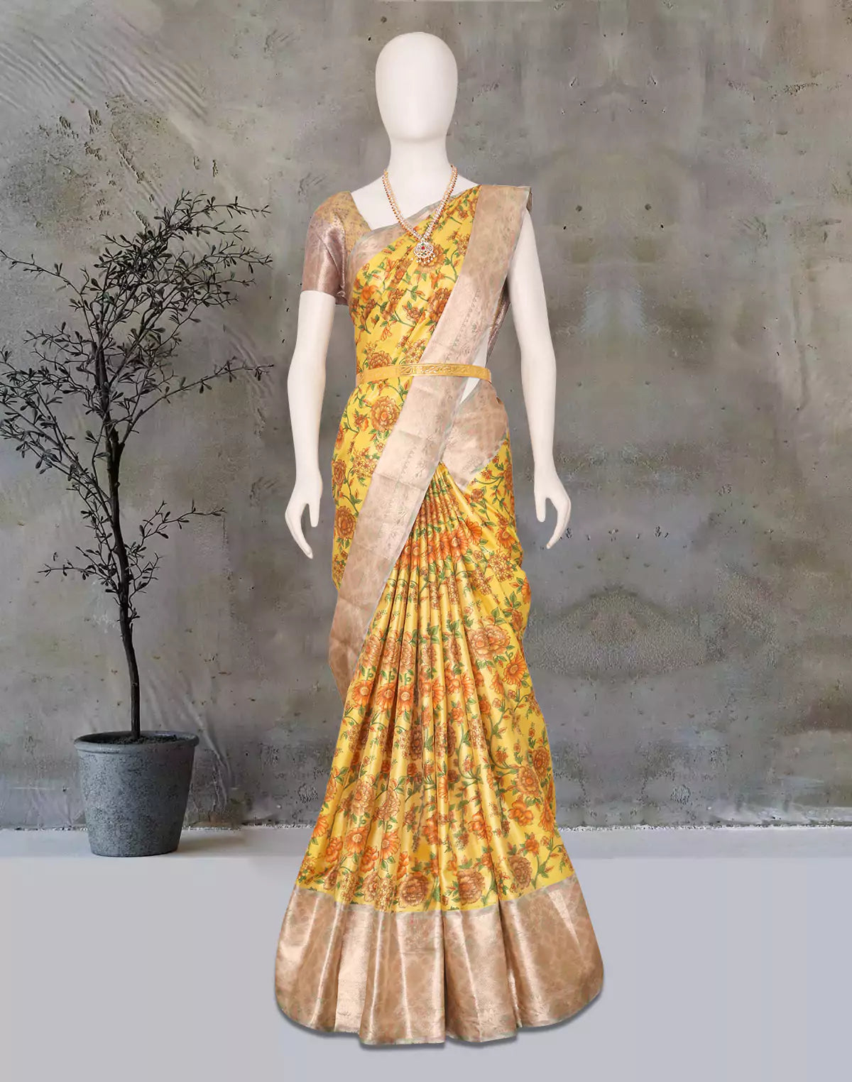 Image of Yellow Floral Printed Tissue Fancy Saree