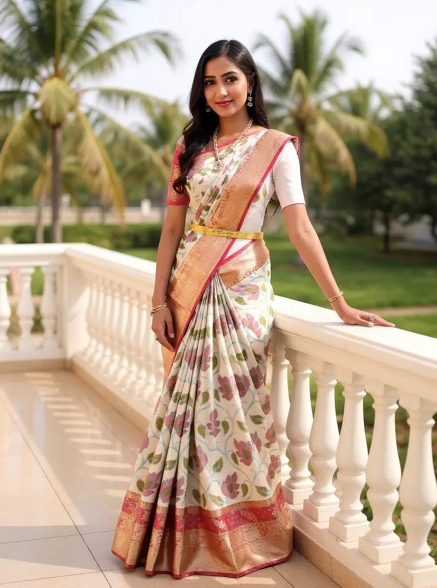 Image of Decent Cream Ikat  Tissue Saree with Kanchi Border