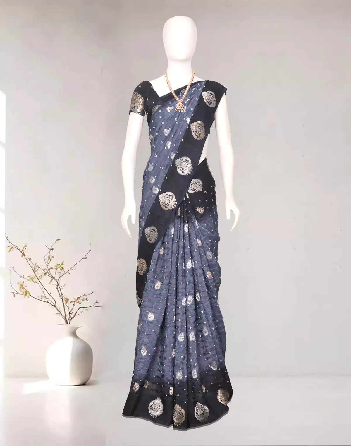 Image of Grey Bandhini Print Chinon Silk Saree