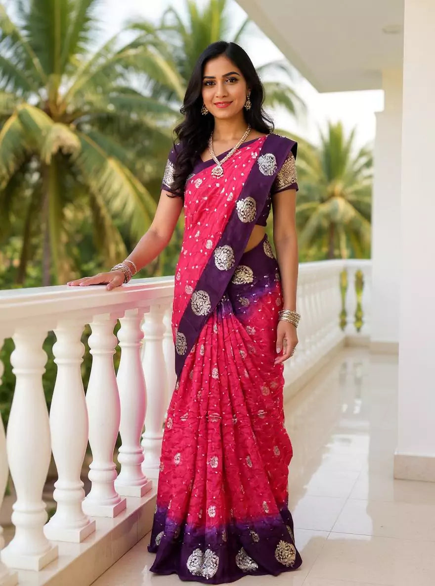 Image of Pink and Purple Bandhini Print Chinon Silk Saree