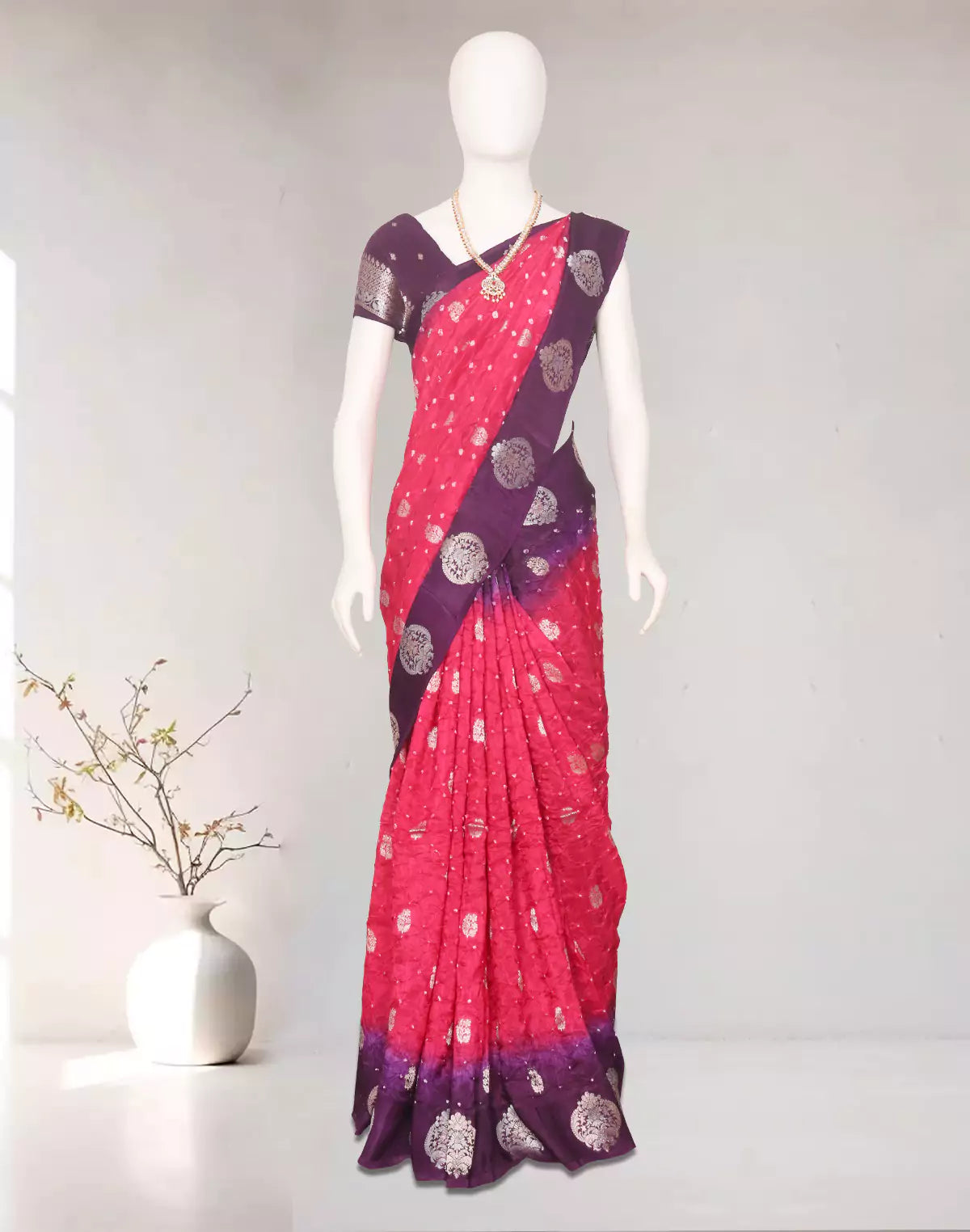 Image of Pink and Purple Bandhini Print Chinon Silk Saree