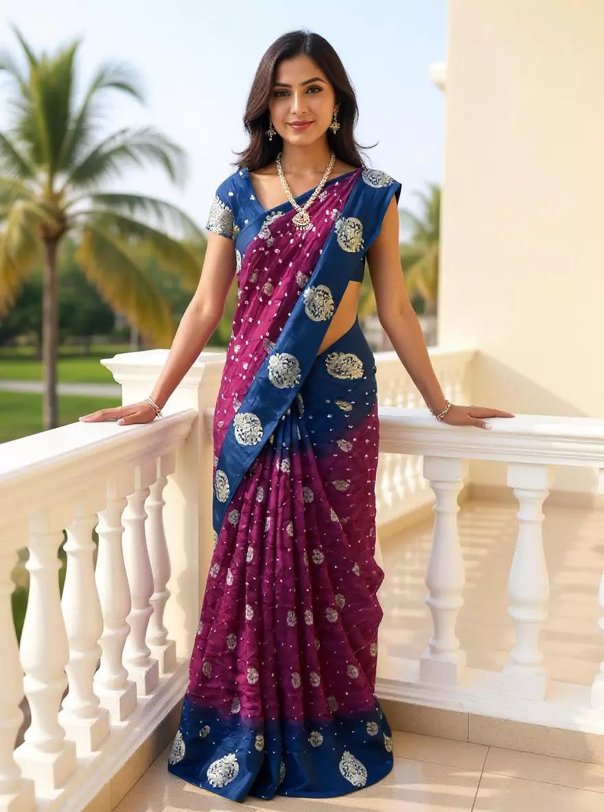 Image of Violet Coloured Bandhini Print Chinon Silk Saree