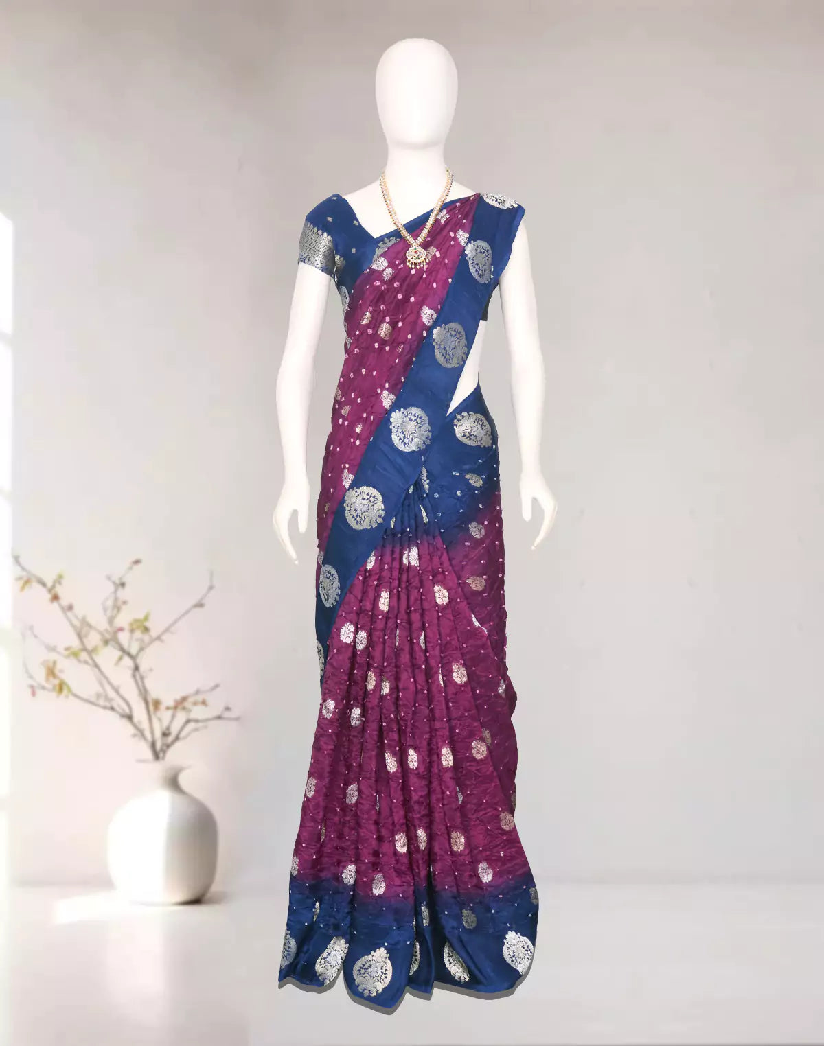 Image of Violet Coloured Bandhini Print Chinon Silk Saree