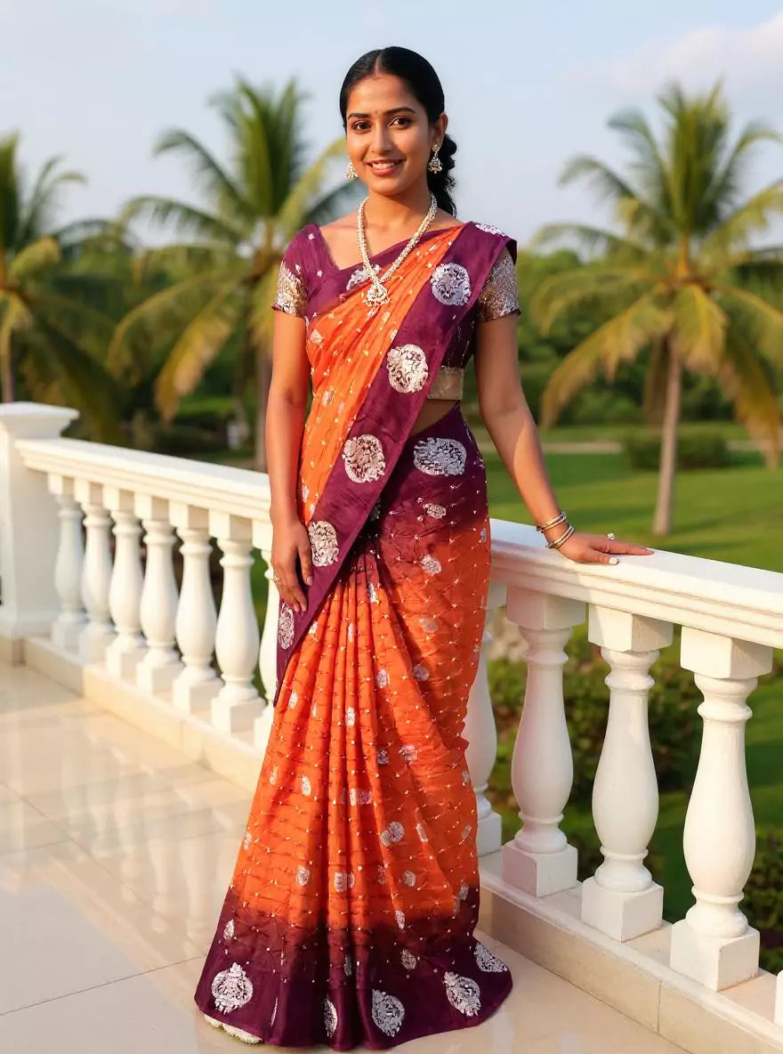 Image of Orange and Wine Bandhini Print Chinon Silk Saree