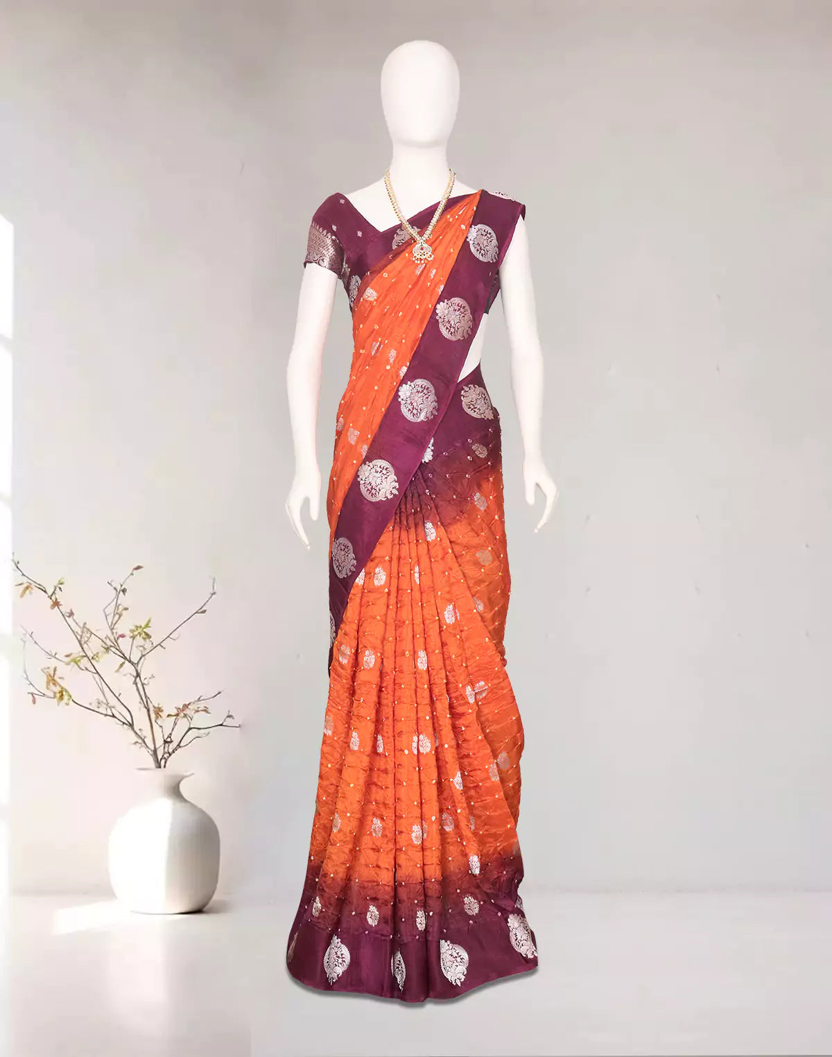 Image of Orange and Wine Bandhini Print Chinon Silk Saree