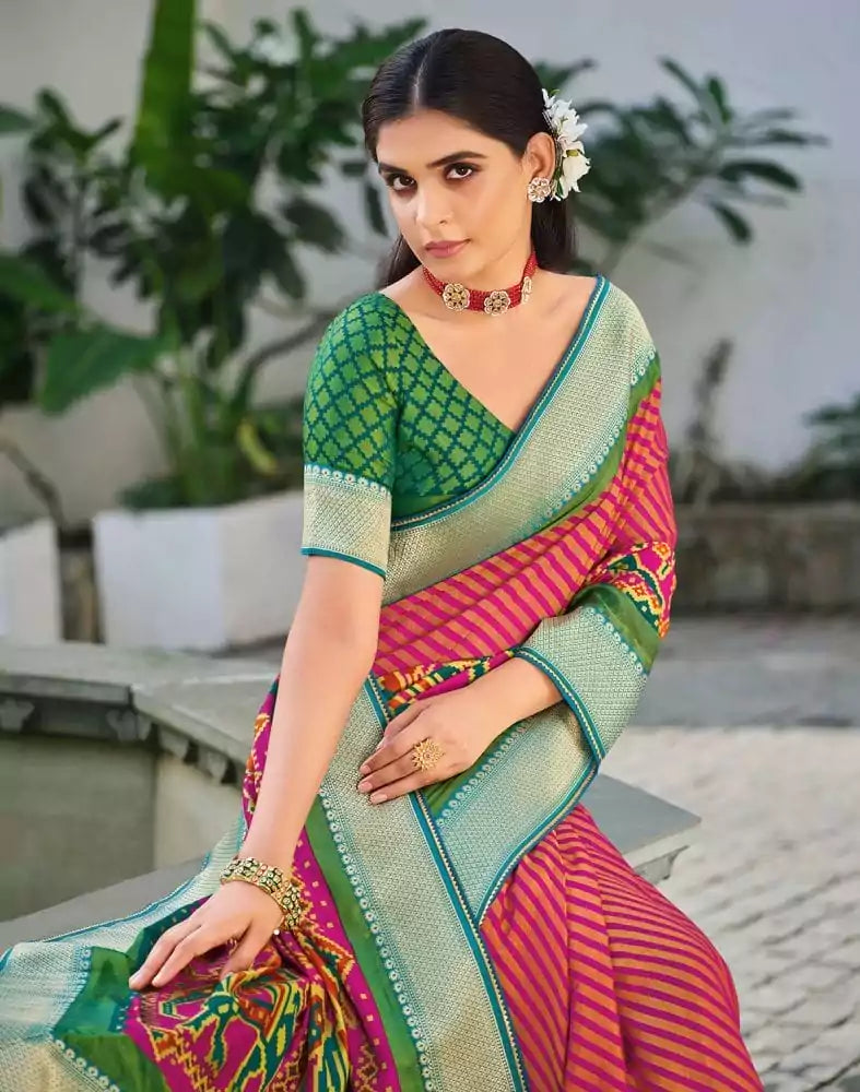 Image of Exclusive Magenta Striped Pattern Brasso Saree