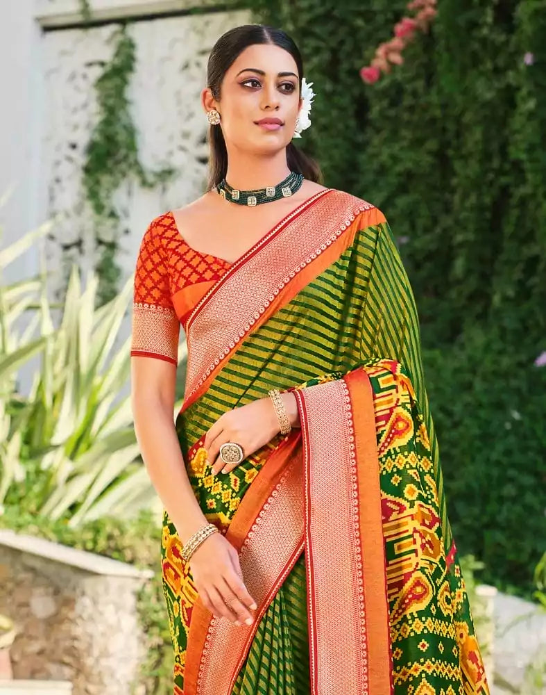 Image of Green Coloured Brasso Printed Saree