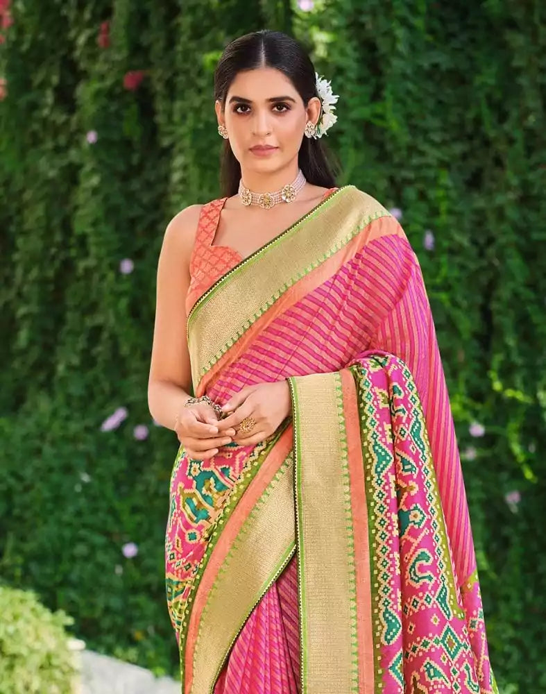 Image of Light Pink Brasso Striped Pattern Saree