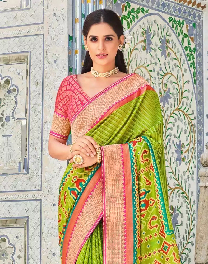 Image of Light Parrot Green Striped Brasso Saree