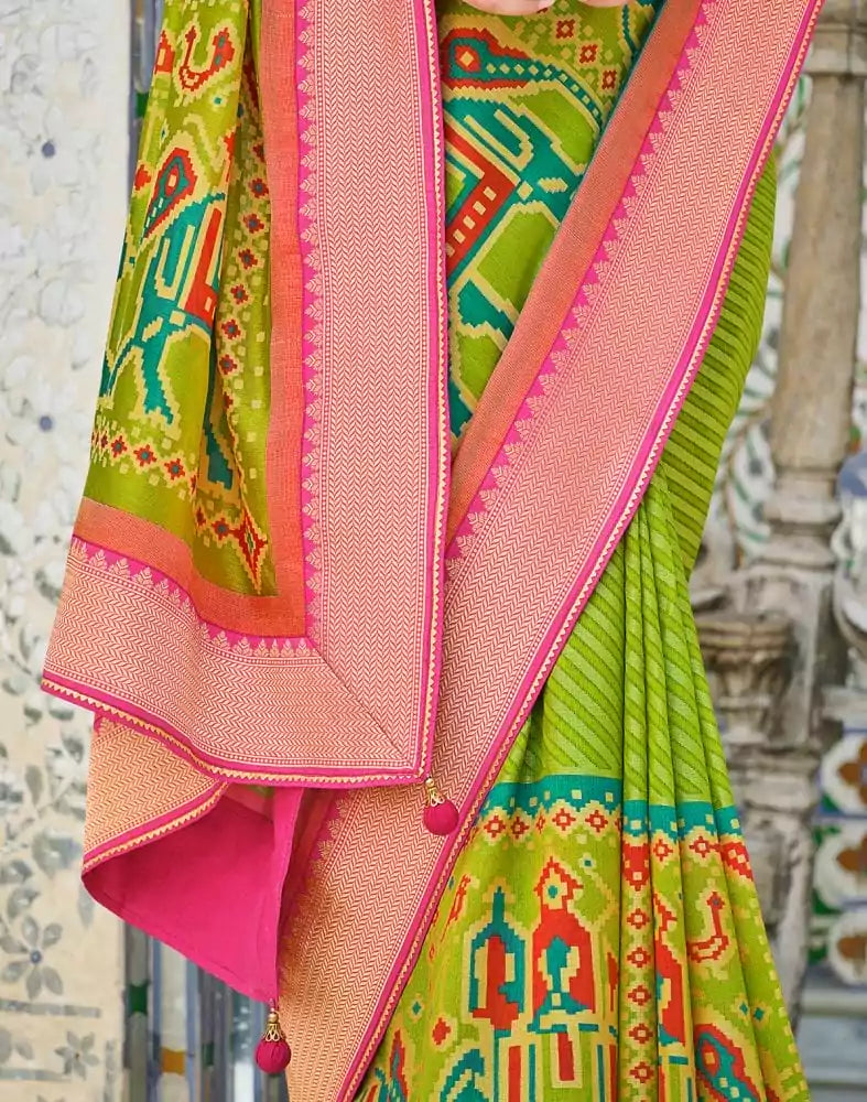 Image of Light Parrot Green Striped Brasso Saree