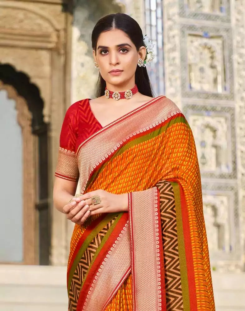 Image of Emerald Mustard Striped Brasso Saree