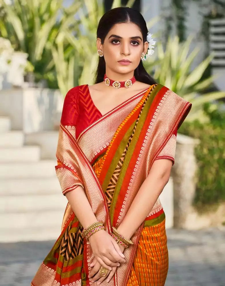 Image of Emerald Mustard Striped Brasso Saree