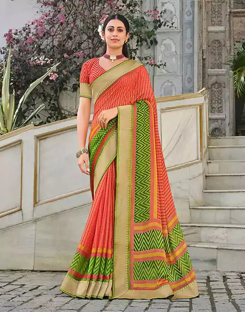 Image of Brasso Fabric Peach Coloured Saree