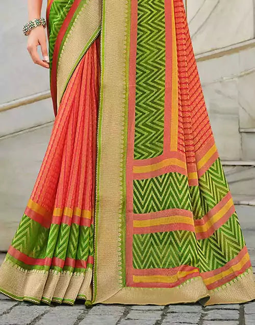 Image of Brasso Fabric Peach Coloured Saree