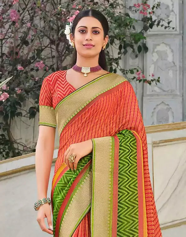 Image of Brasso Fabric Peach Coloured Saree