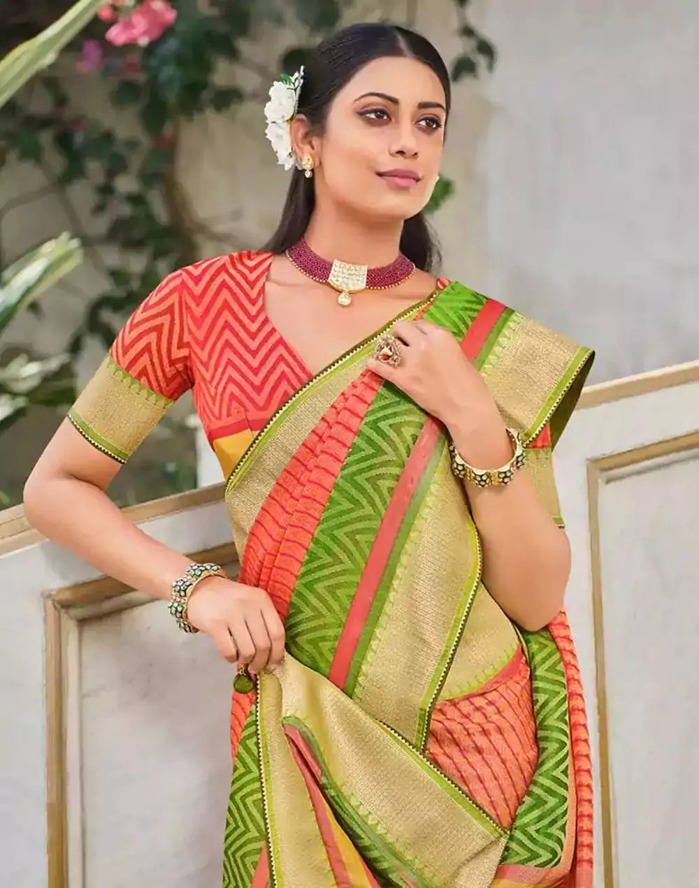 Image of Brasso Fabric Peach Coloured Saree