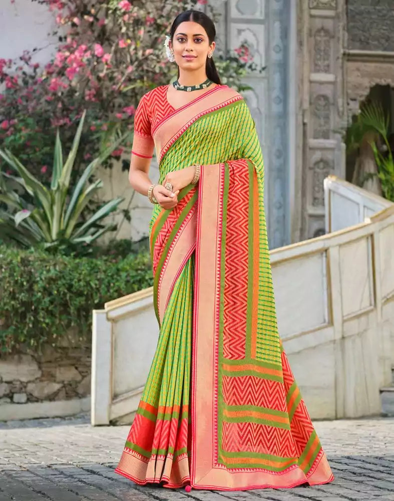 Image of Parrot Green Stripes Pattern Brasso Fabric Saree