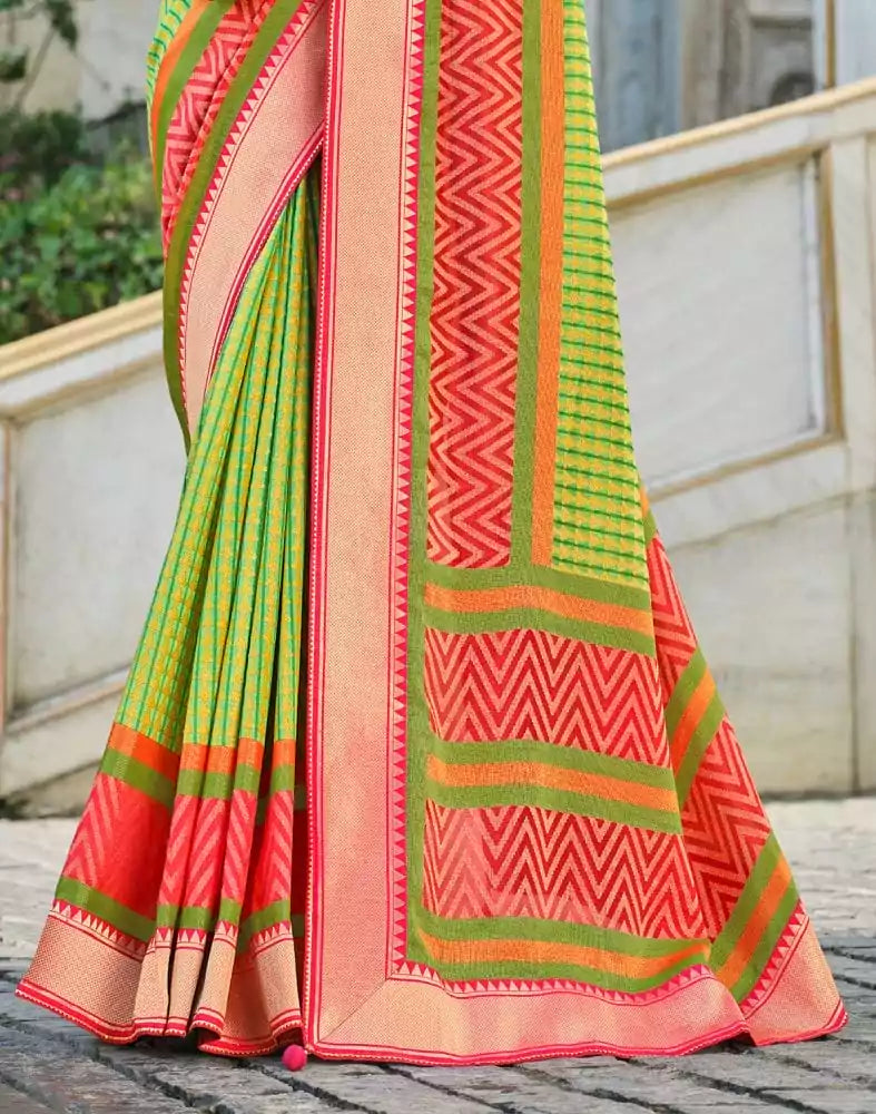 Image of Parrot Green Stripes Pattern Brasso Fabric Saree