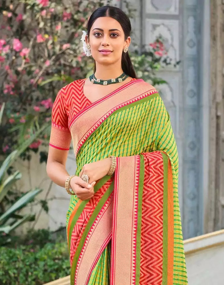 Image of Parrot Green Stripes Pattern Brasso Fabric Saree