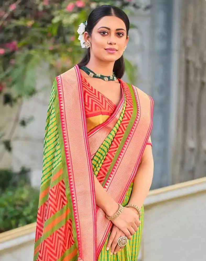 Image of Parrot Green Stripes Pattern Brasso Fabric Saree