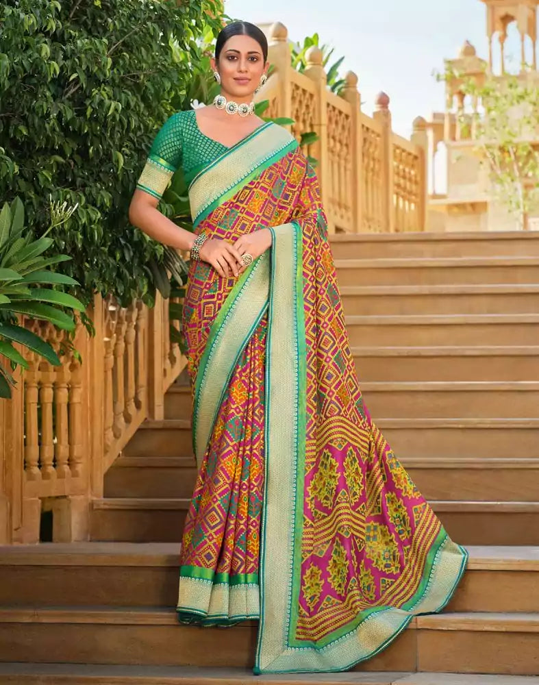 Image of Stylish Multi Color Geometric Print Brasso Saree