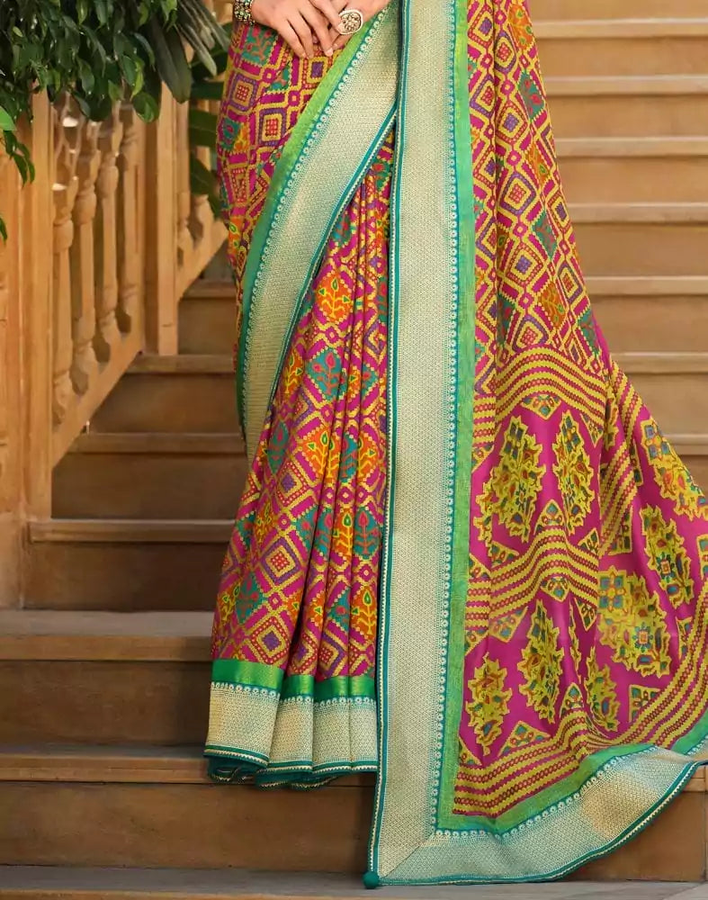 Image of Stylish Multi Color Geometric Print Brasso Saree