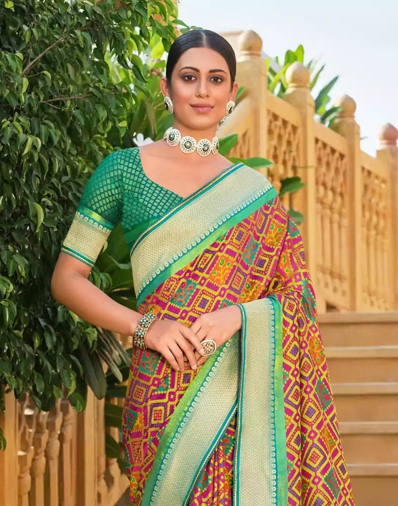 Image of Stylish Multi Color Geometric Print Brasso Saree
