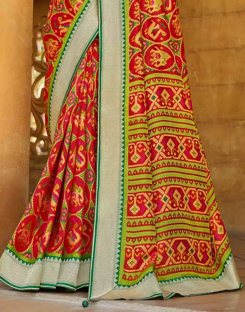 Image of Cherry Red Ikat Print Brasso Saree