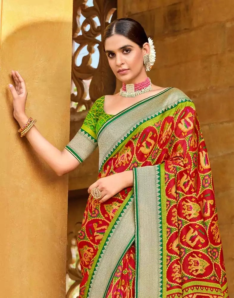 Image of Cherry Red Ikat Print Brasso Saree