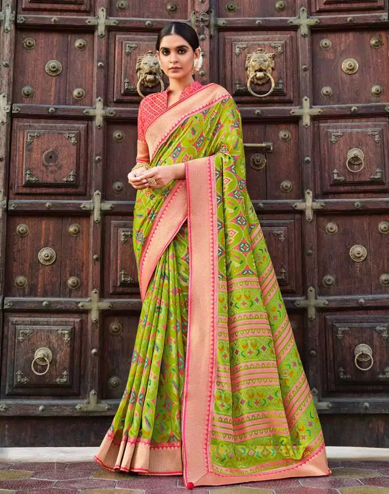 Image of Parrot Green Brasso Fancy Saree
